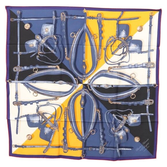 HERMES Carre 70 Scarf ""Brides et Harnais de Pologne"" Silk Blue - Picture 1 of 10
